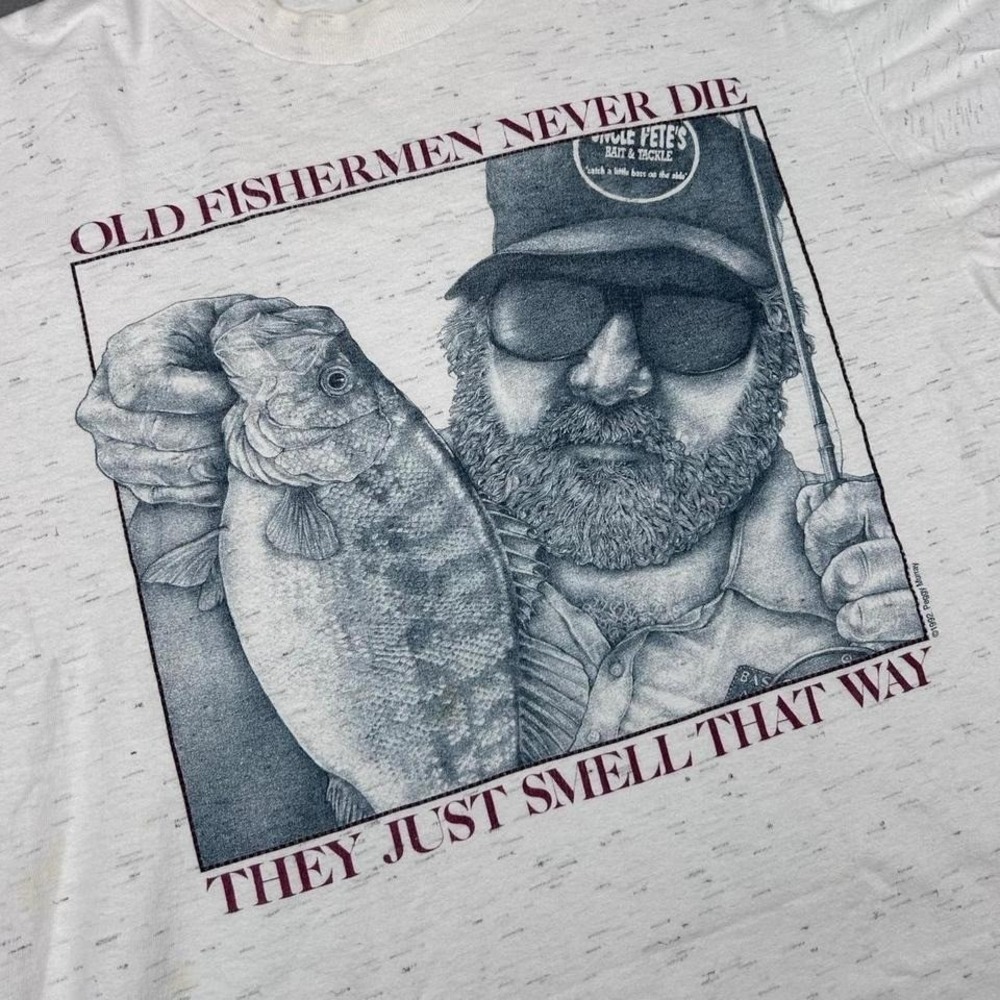 White‎ and blue vintage 1992 fishing tee funny graphic single stitch Size M - Picture 4 of 8